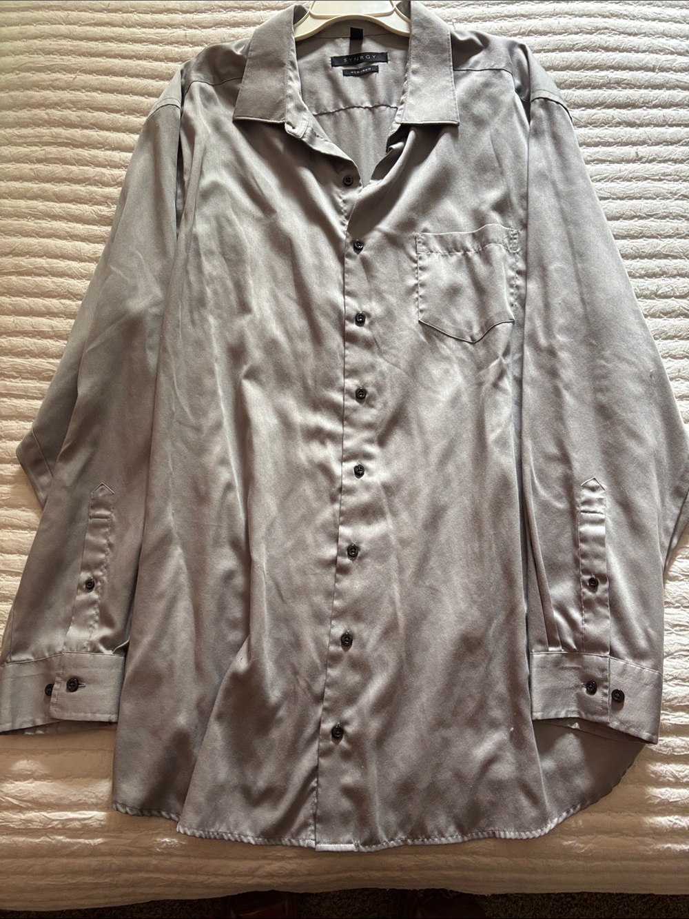 Long Sleeved Men's Light Silver Satin Button-Down Shirt